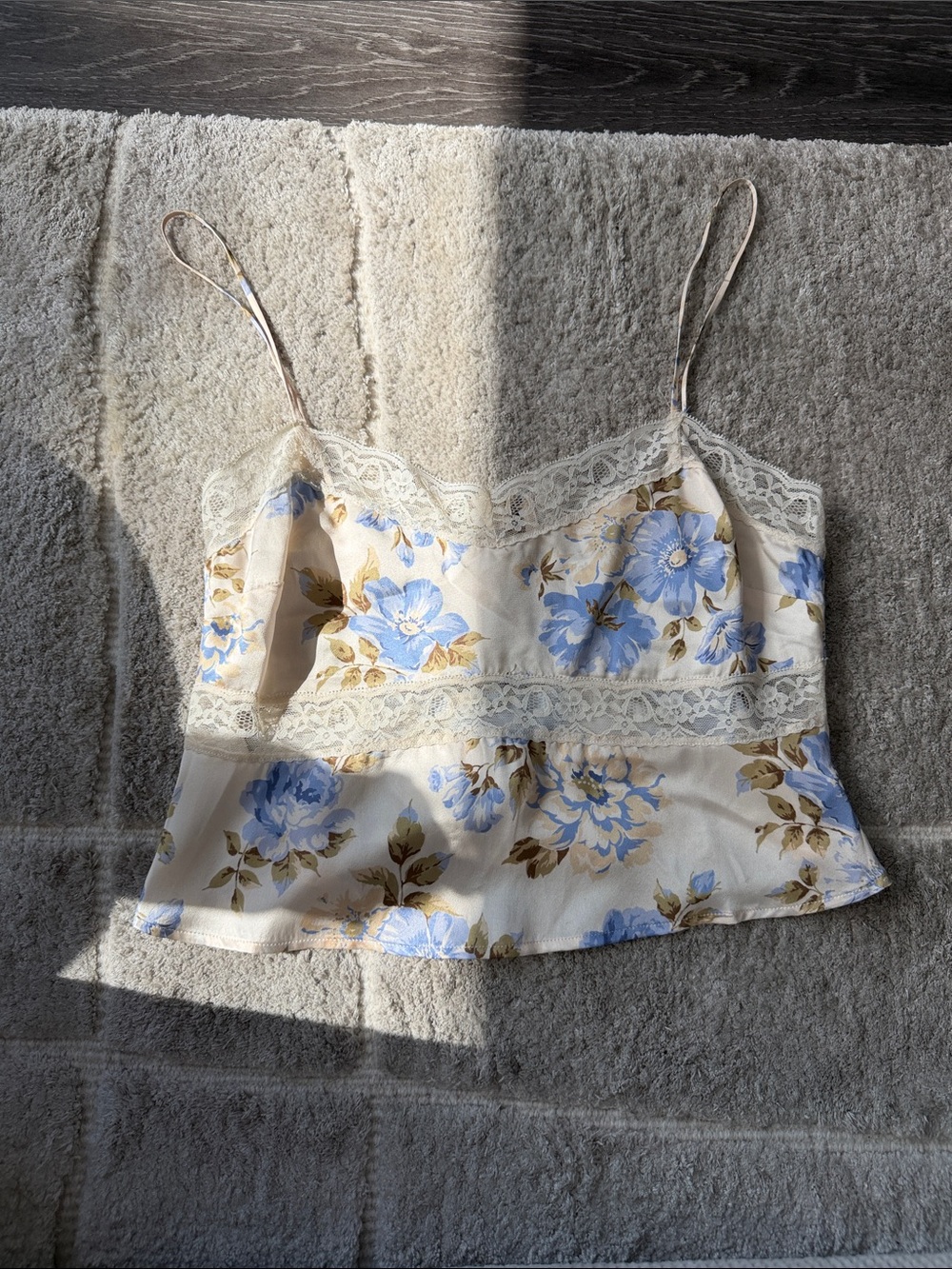 Reformation Cream Floral Lace-Trim Cami with Blue Flowers